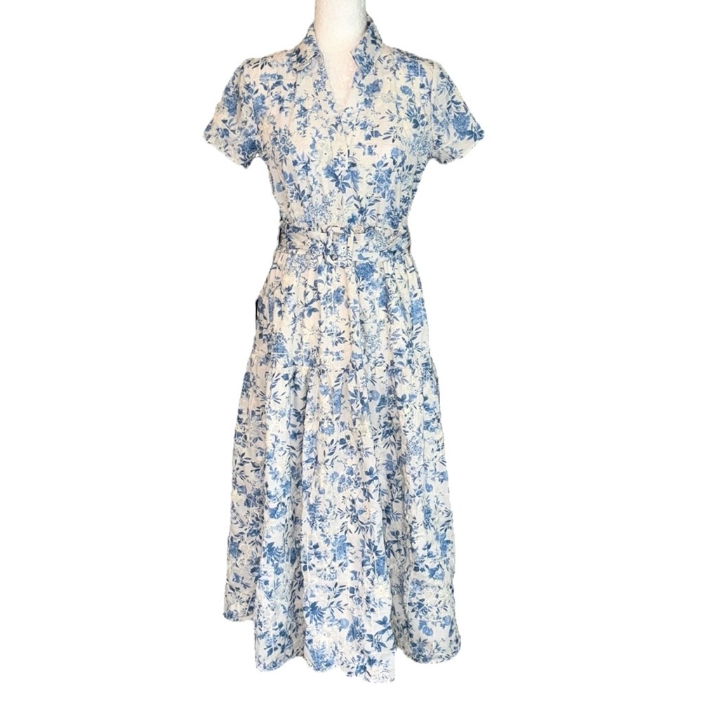 NWT JOIE Blue & Off White Embroidered Floral Print Belted A-Line Midi Dress - S